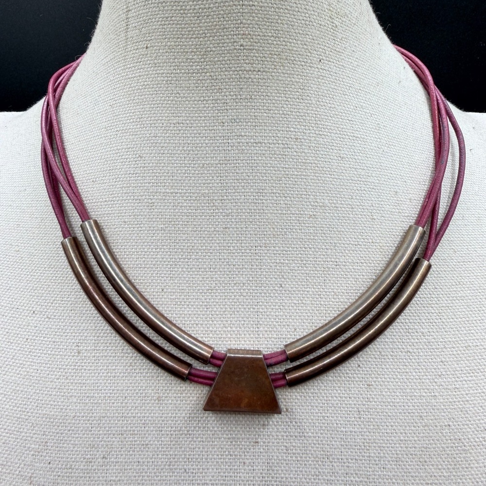 Bronze Tone Geometric Multi Strand Pink Cord Necklace Boho Statement Vintage